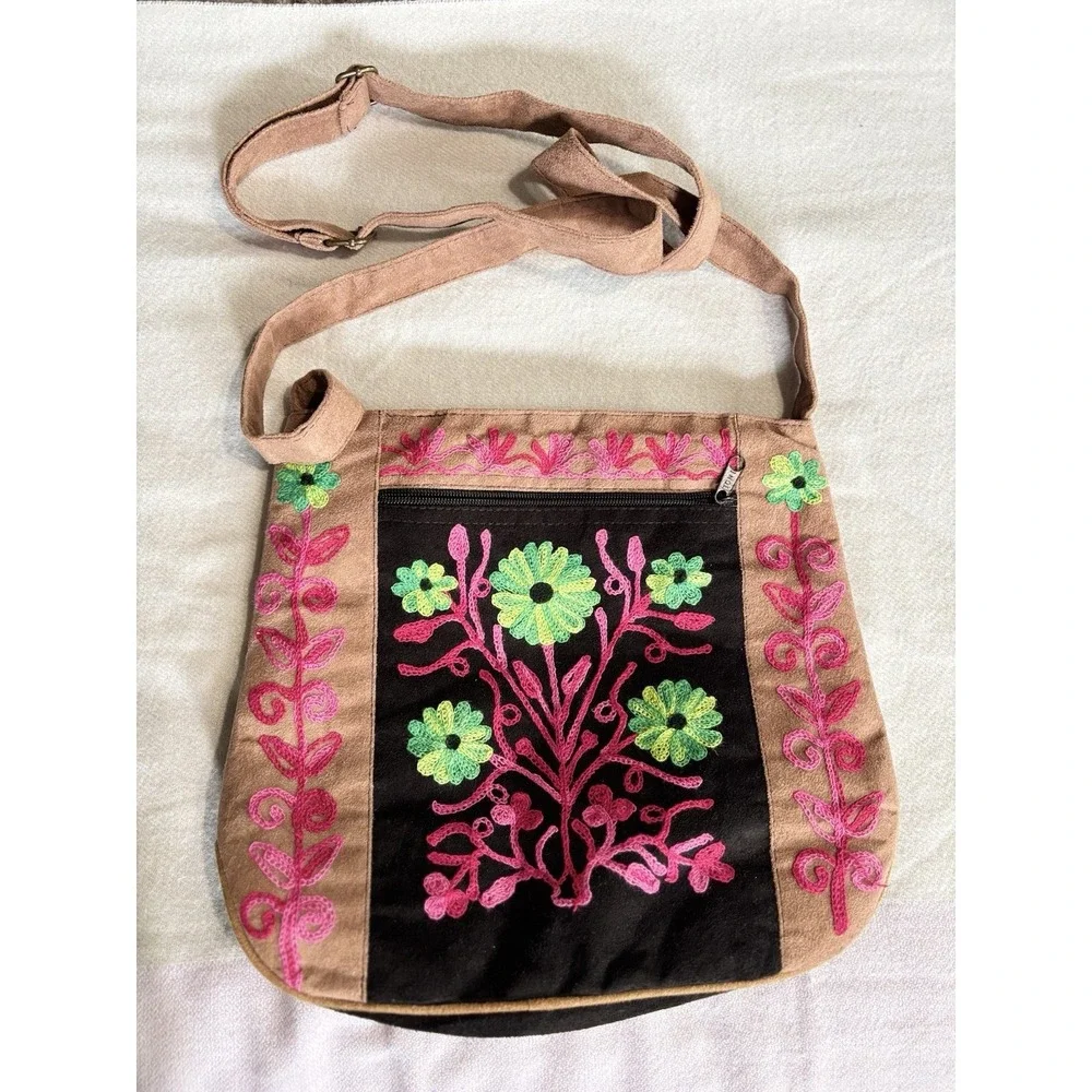 Bohemian Floral Shoulder Bag Embroidery Pink/Brown Faux‎ Suede Zip Many Pockets